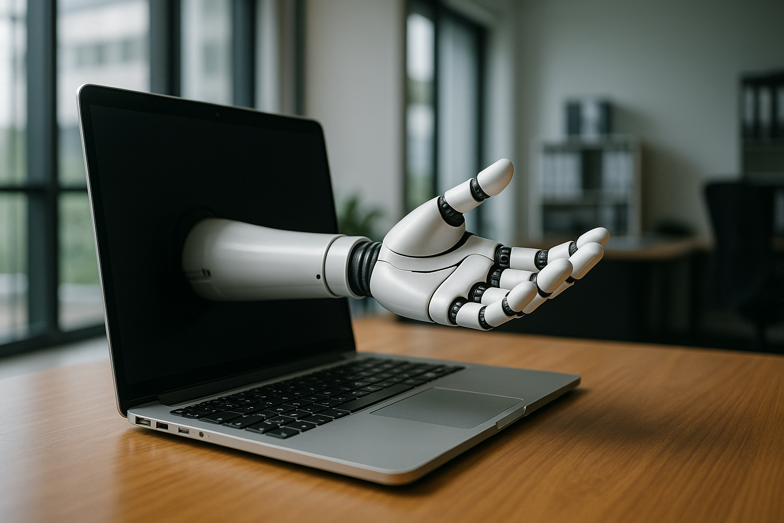 Robotic hand reaching out of a laptop